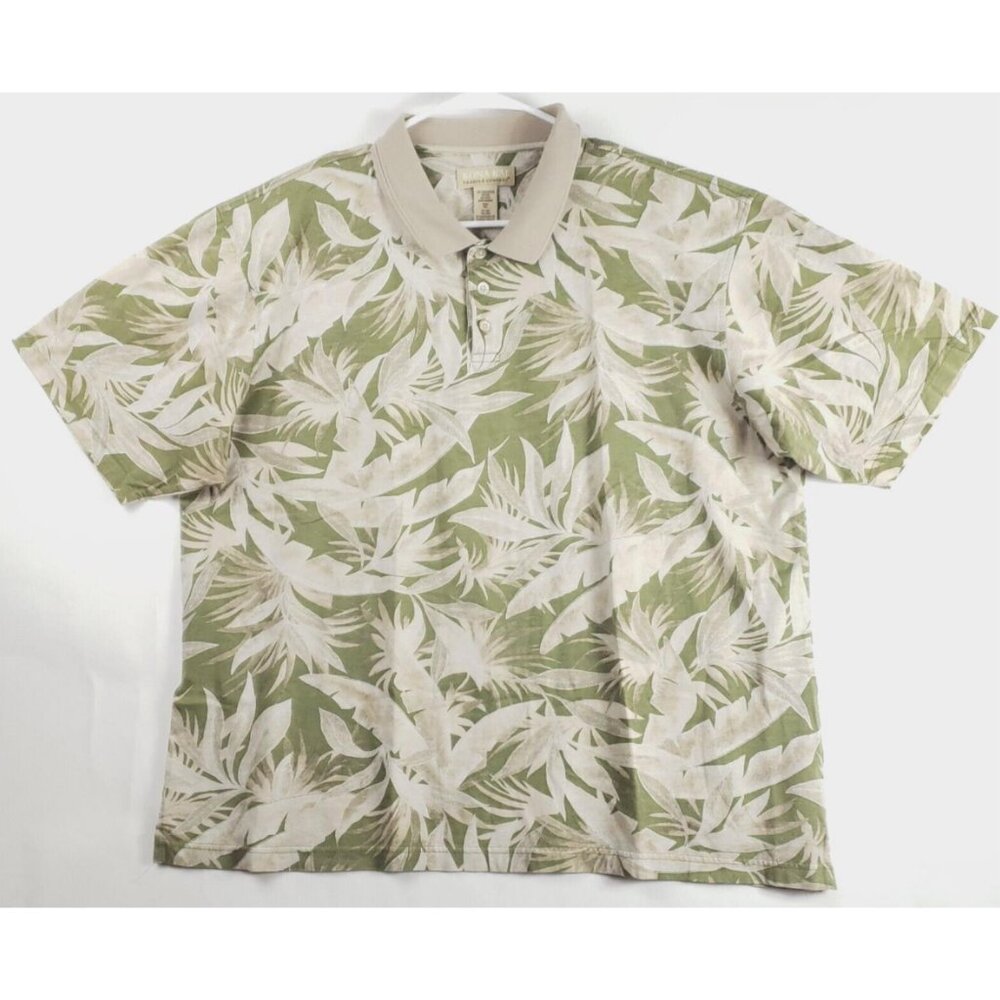 Kona Kai Hawaiian Polo Shirt Mens XL Green Beige Short Sleeve 100% Cotton